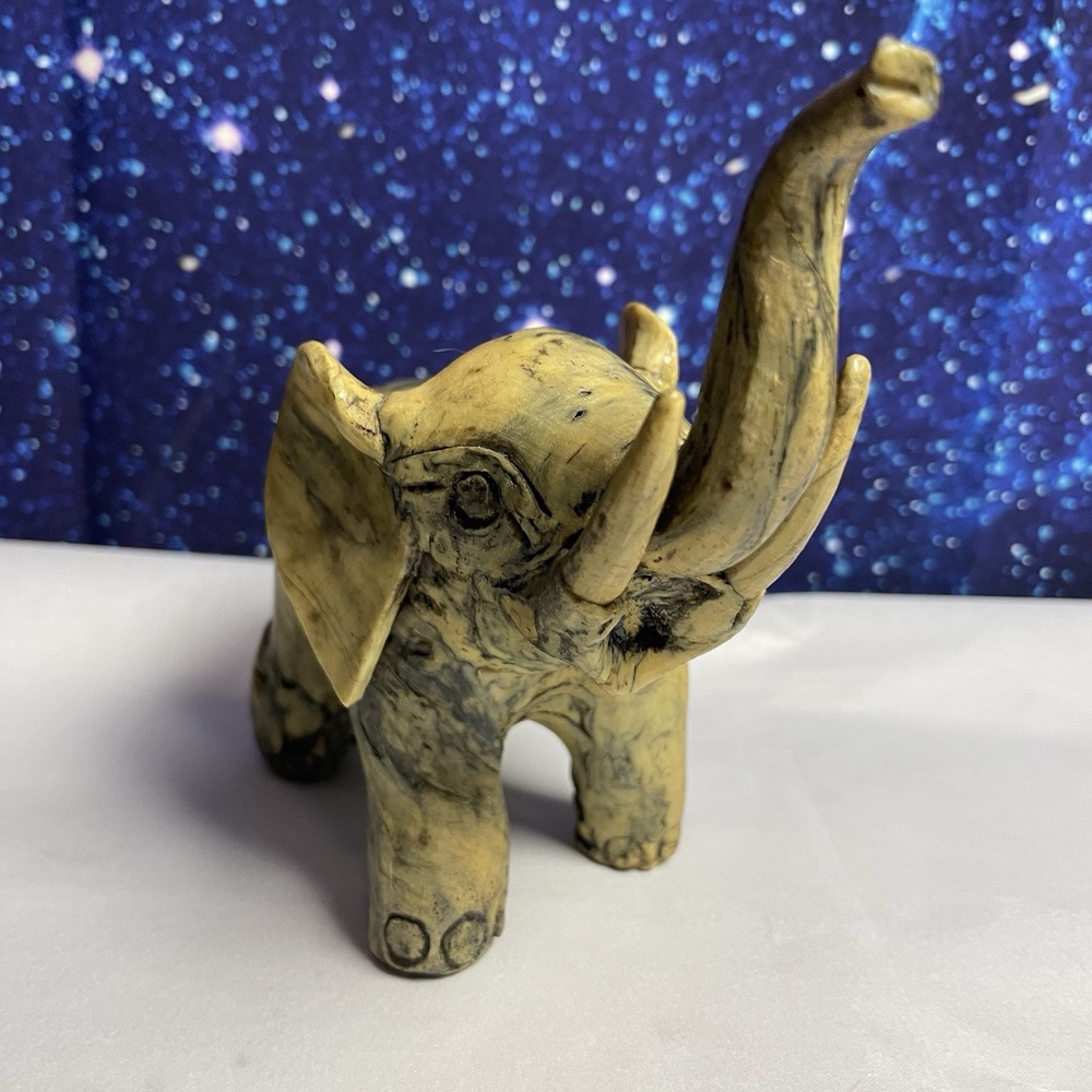 Hand Carved Soapstone Elephant Figurine Marbled Yellow Black‎ Trunk Up Good Luck